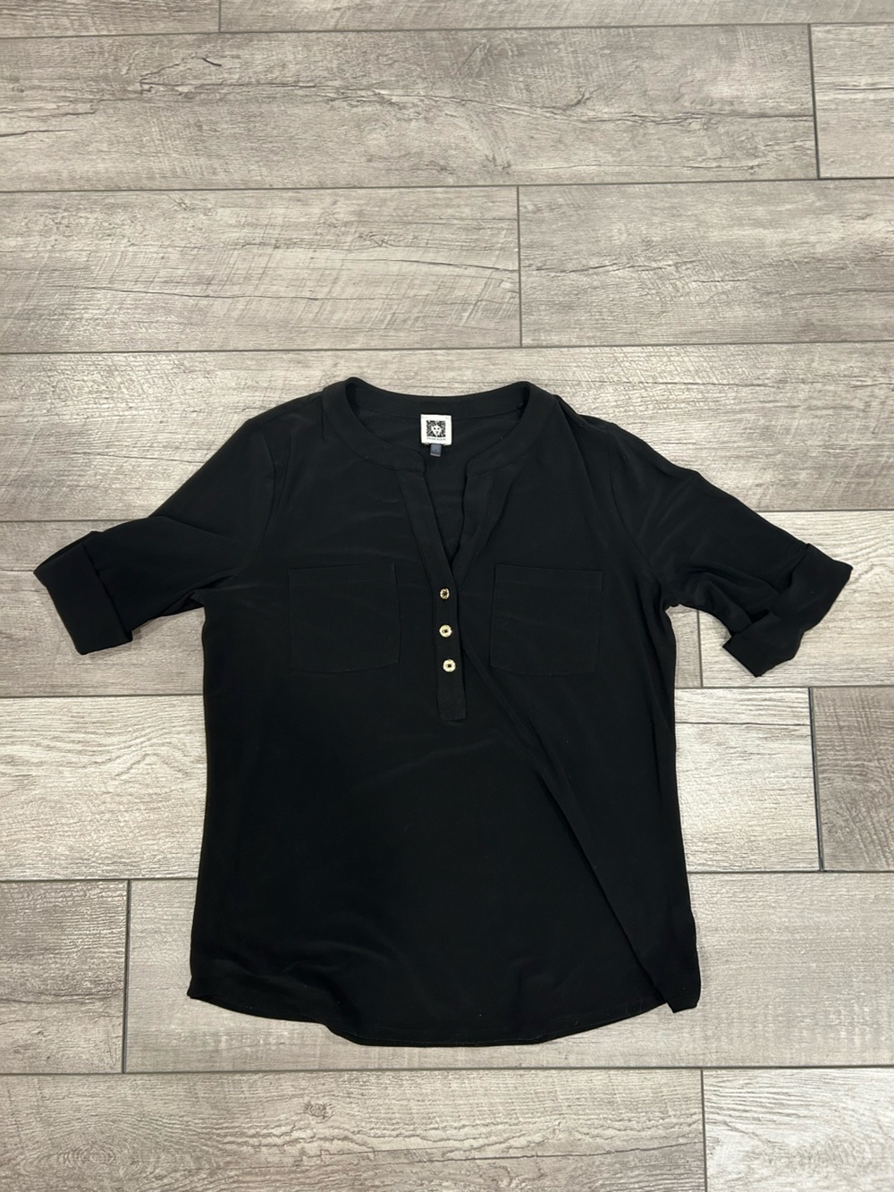 Anne Klein Black Short-Sleeve Blouse with Patch Pockets